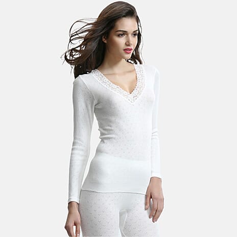 Palm Underwear British Made Supersoft Classic Lace Trim Long Sleeve Thermal Top (Size - XL) - Ivory