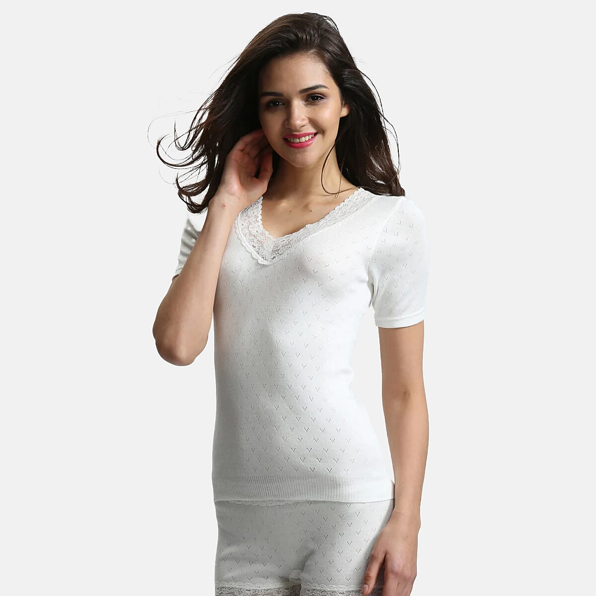 Palm Underwear British Made Supersoft Classic Lace Trim Short Sleeve Thermal Top (Size - L) - Ivory