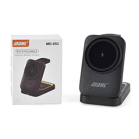 3-in-1 Wireless 15W Fast Charging Station Foldable Dock - Travel Stand (97x65x30mm) - Black