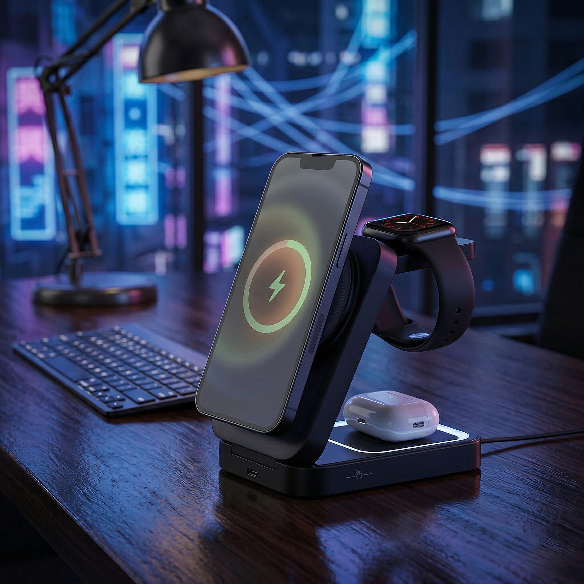 3-in-1 Wireless 15W Fast Charging Station Foldable Dock - Travel Stand (97x65x30mm) - Black