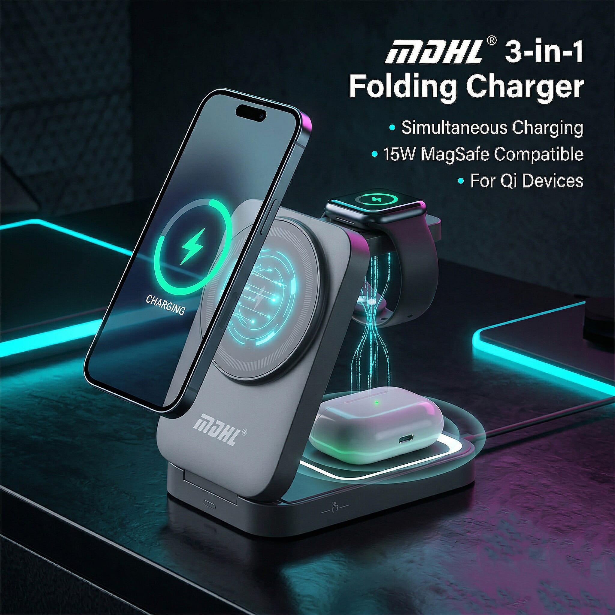 3-in-1 Wireless 15W Fast Charging Station Foldable Dock - Travel Stand (97x65x30mm) - Black