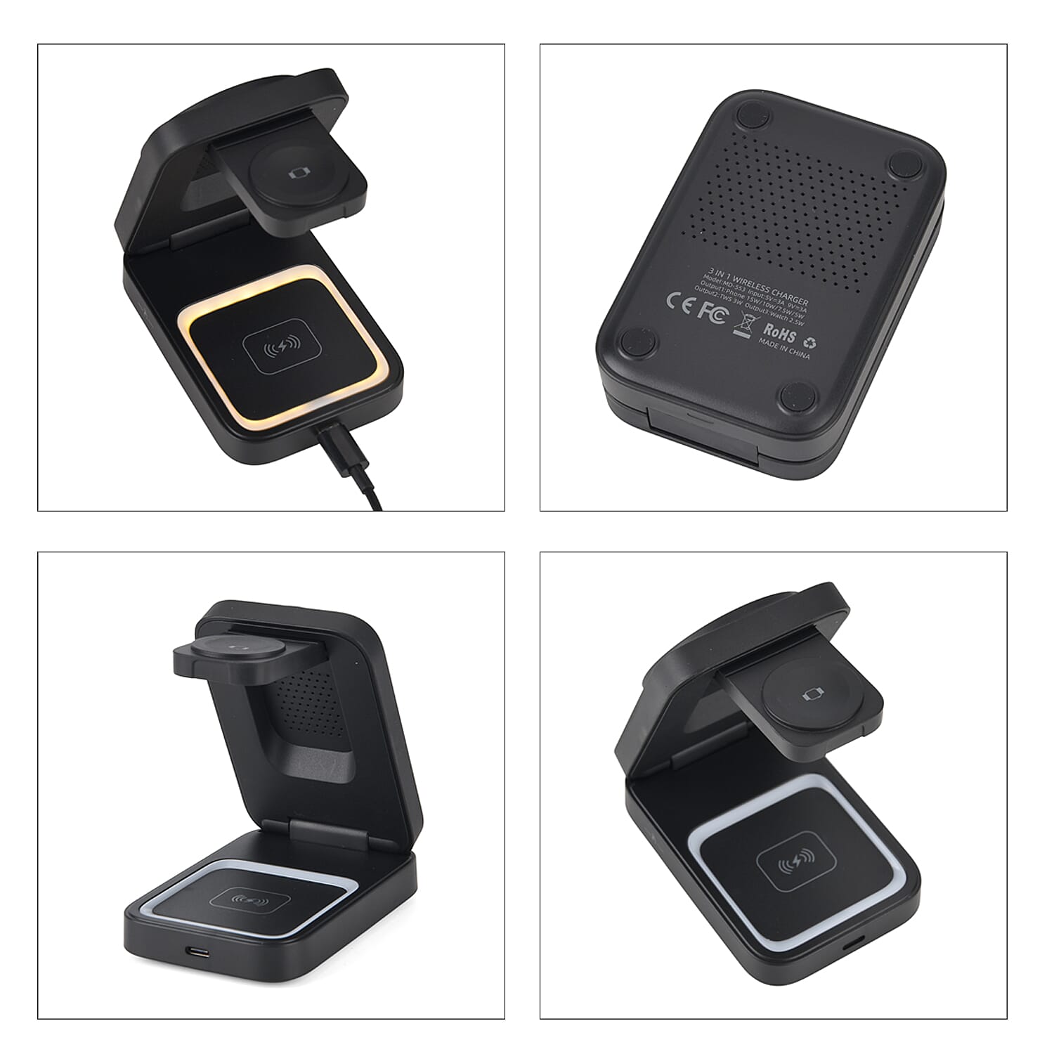 3-in-1 Wireless 15W Fast Charging Station Foldable Dock - Travel Stand (97x65x30mm) - Black
