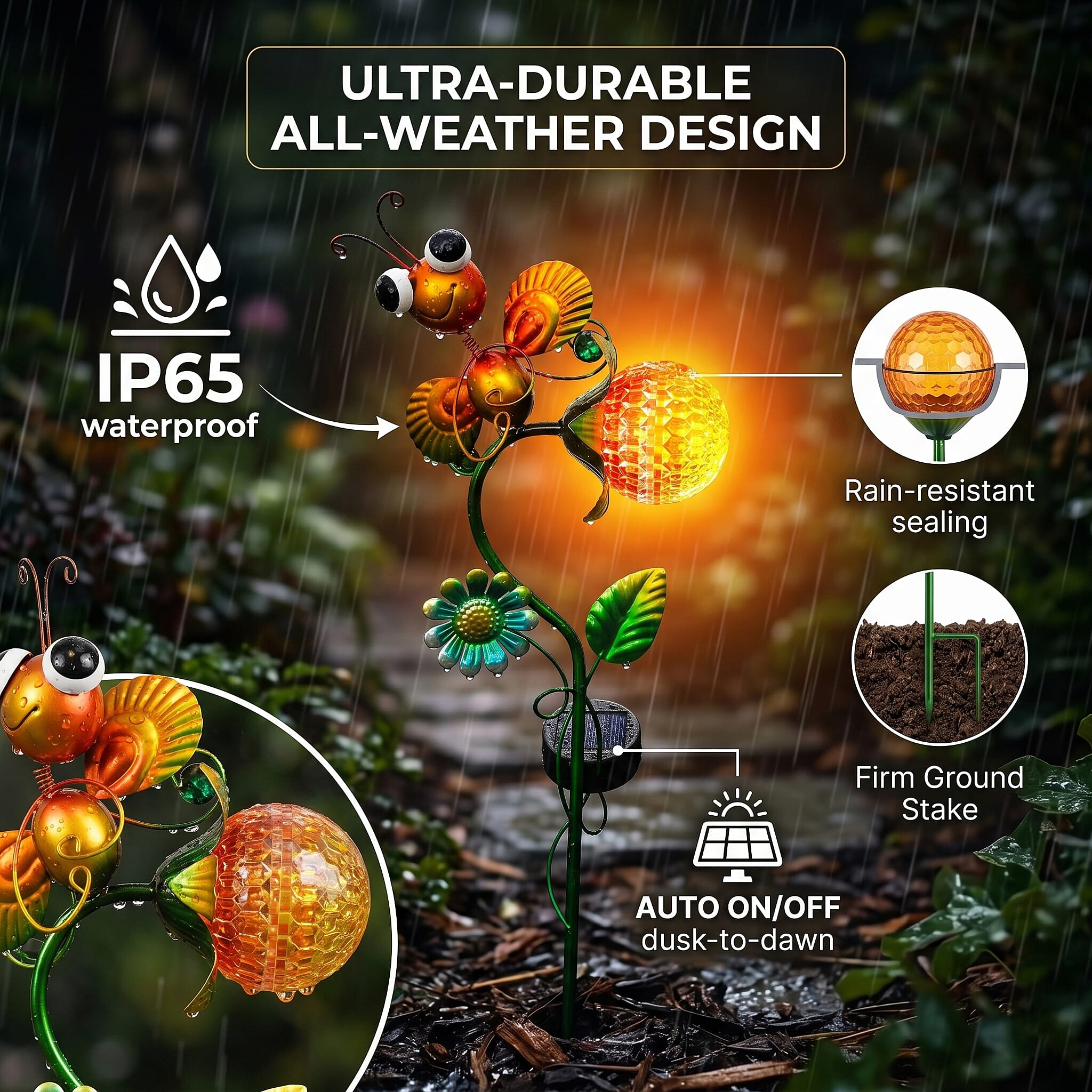 Decorative Solar-Powered Landscape Ground Stake Lamp - Artistic Whimsical Yellow Animal with Botanical Leaves & Flowers - Yellow