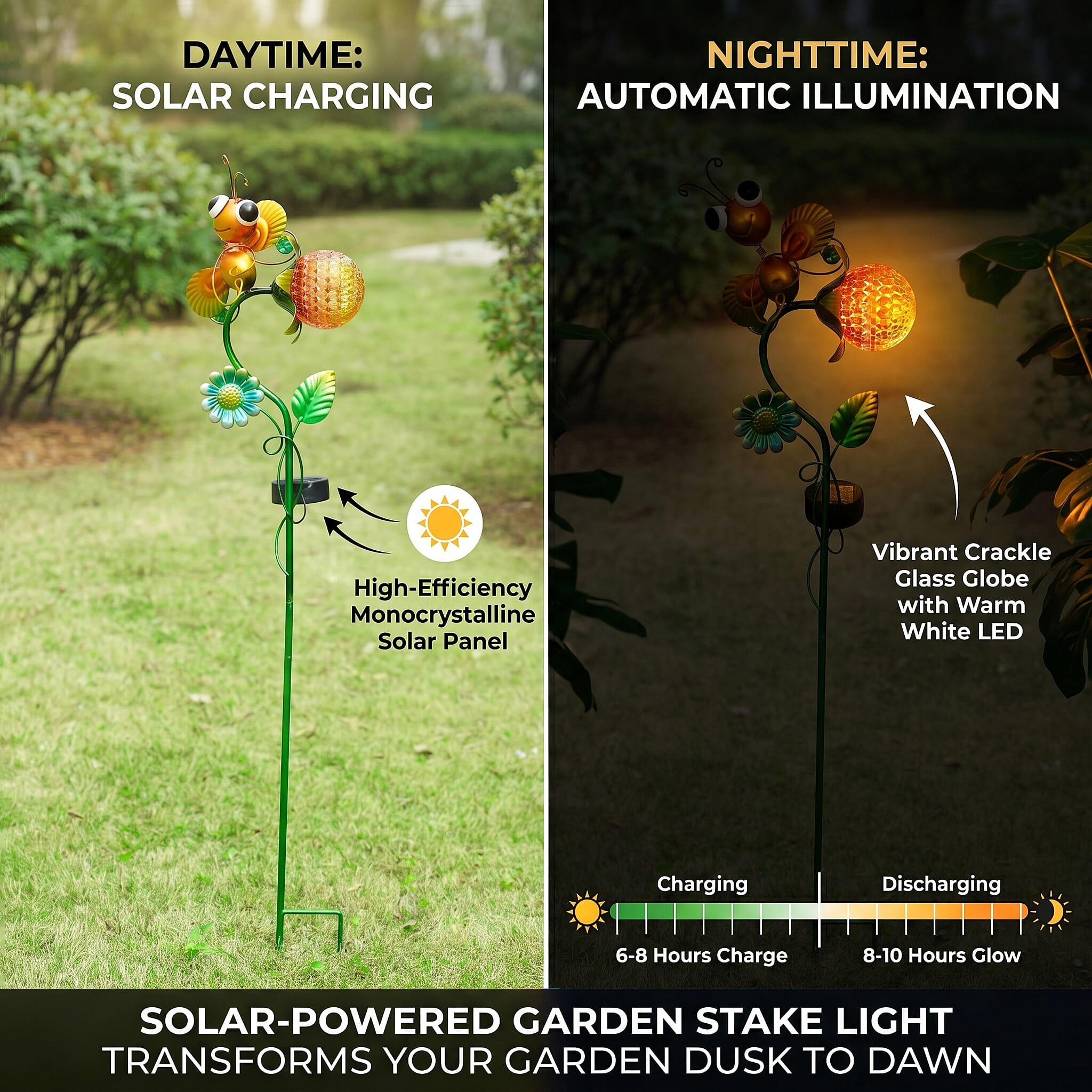 Decorative Solar-Powered Landscape Ground Stake Lamp - Artistic Whimsical Yellow Animal with Botanical Leaves & Flowers - Yellow