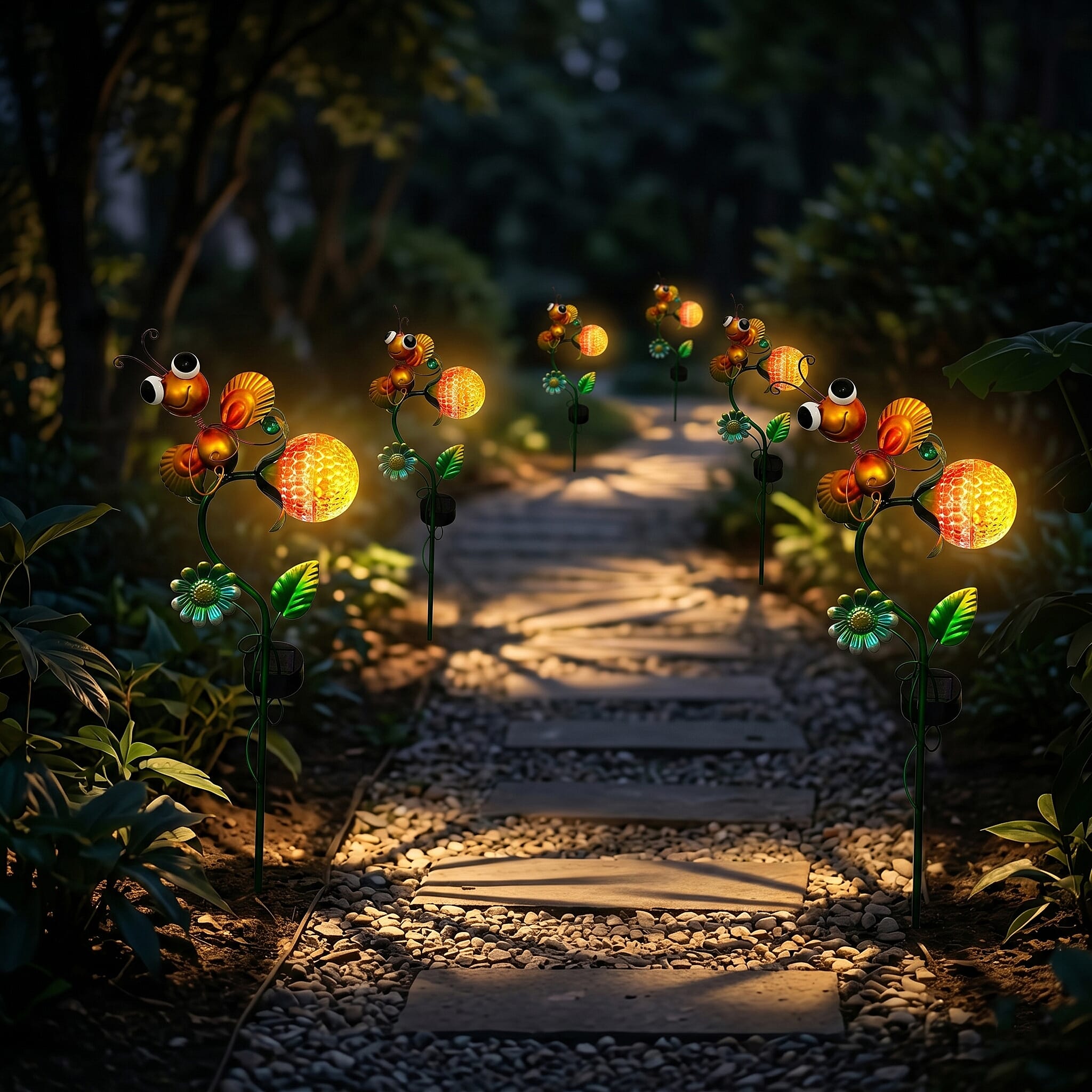 Decorative Solar-Powered Landscape Ground Stake Lamp - Artistic Whimsical Yellow Animal with Botanical Leaves & Flowers - Yellow