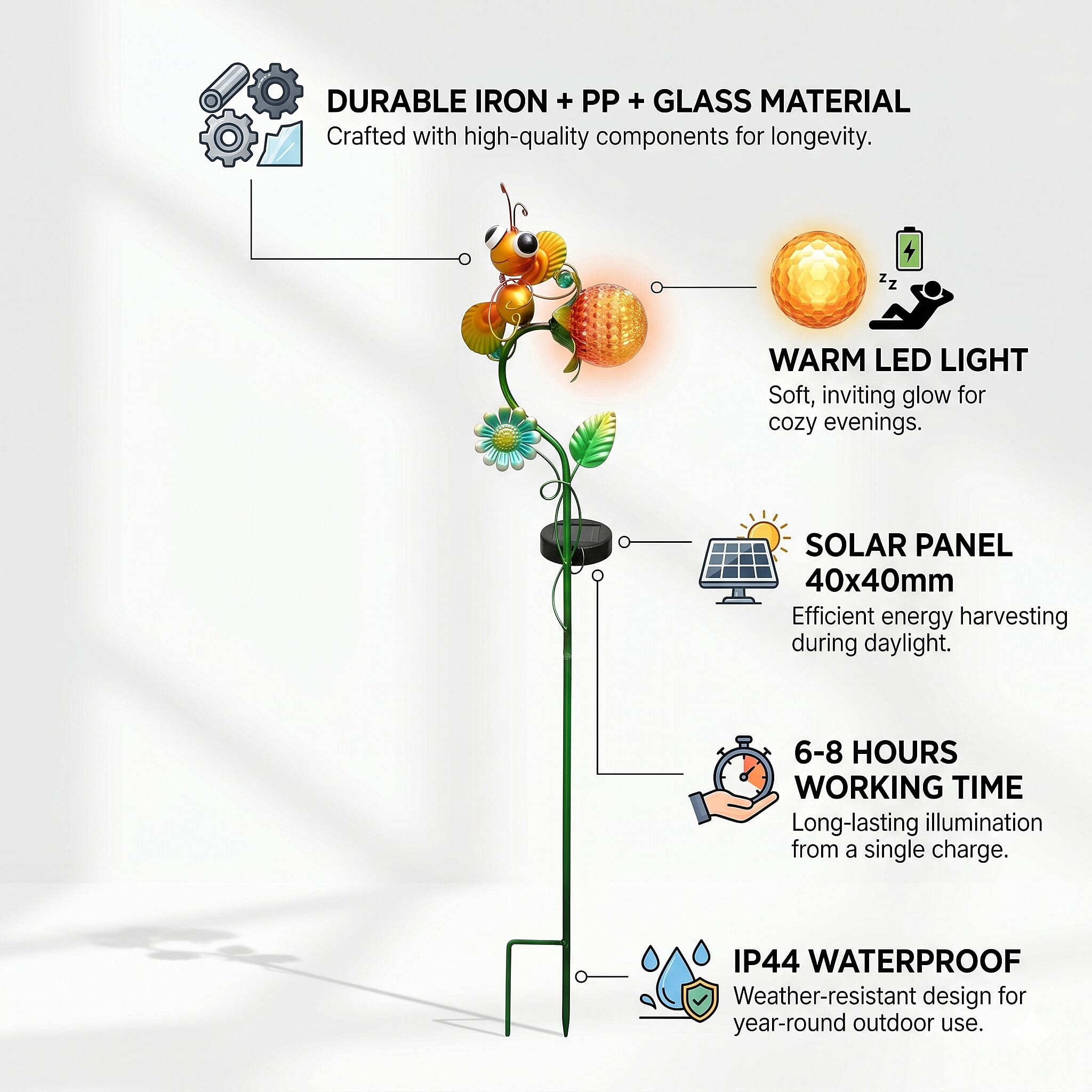 Decorative Solar-Powered Landscape Ground Stake Lamp - Artistic Whimsical Yellow Animal with Botanical Leaves & Flowers - Yellow
