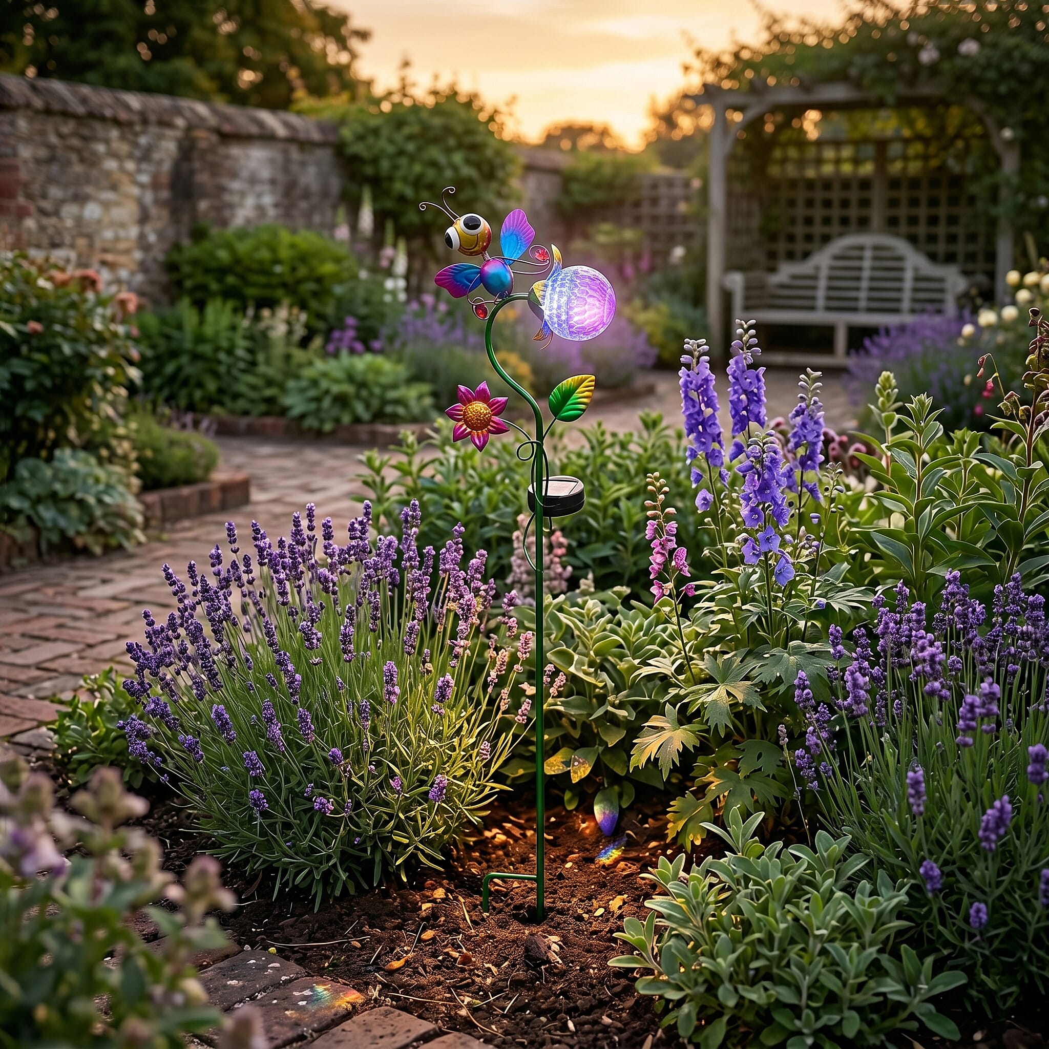 Decorative Solar-Powered Landscape Ground Stake Lamp - Artistic Whimsical Animal with Botanical Leaves & Flowers - Purple