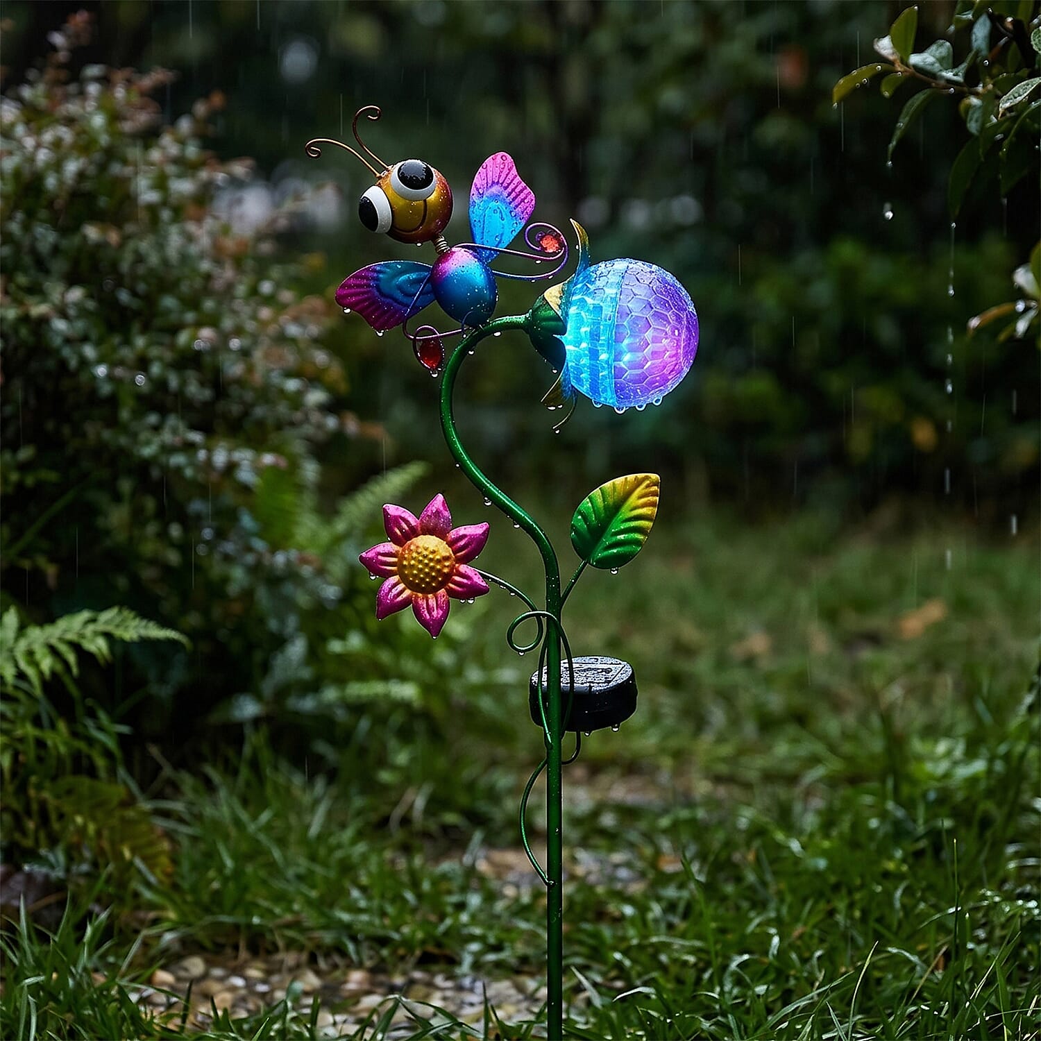 Decorative Solar-Powered Landscape Ground Stake Lamp - Artistic Whimsical Animal with Botanical Leaves & Flowers - Purple