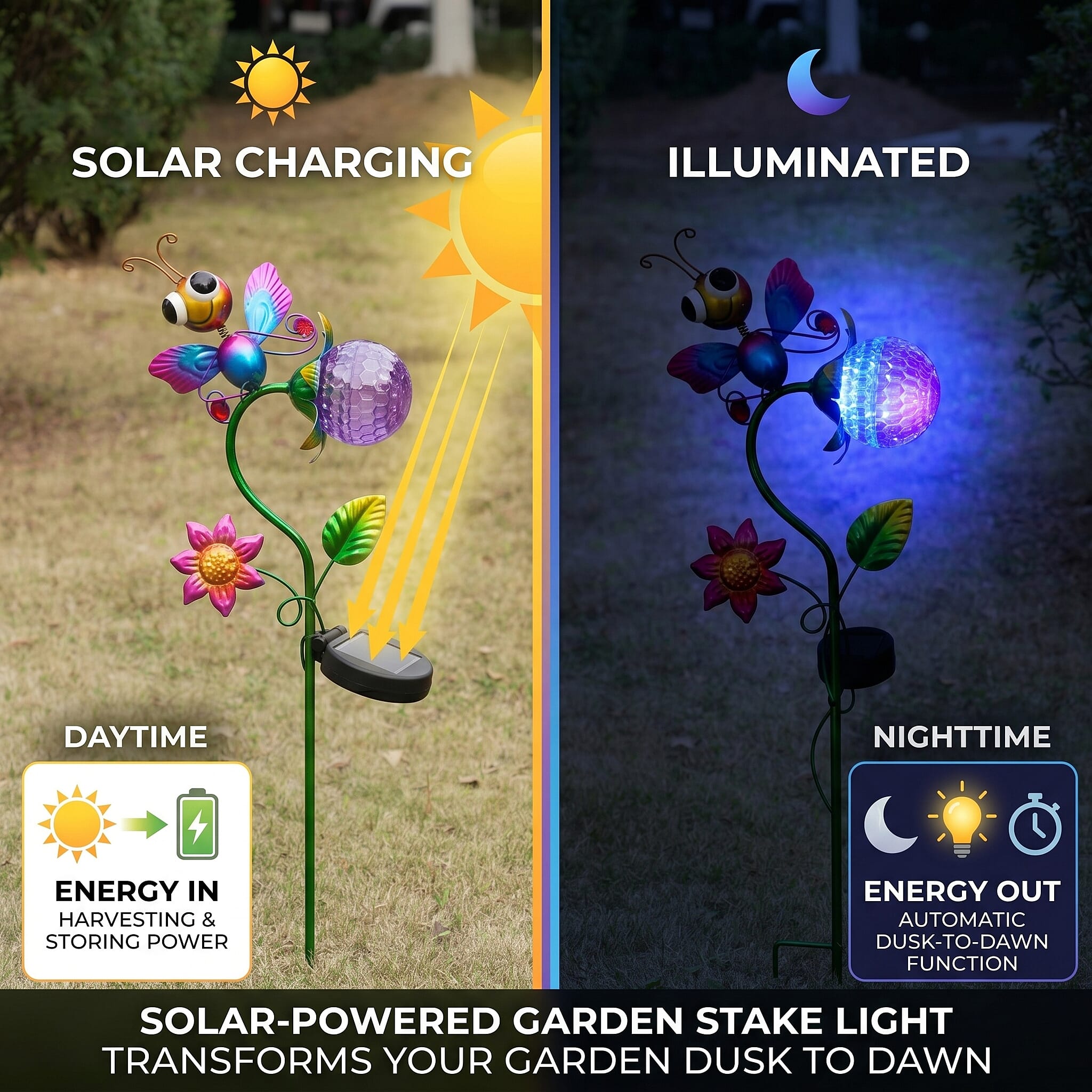 Decorative Solar-Powered Landscape Ground Stake Lamp - Artistic Whimsical Animal with Botanical Leaves & Flowers - Purple
