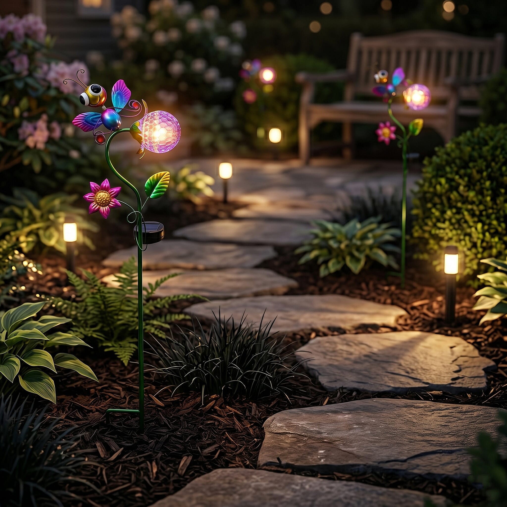Decorative Solar-Powered Landscape Ground Stake Lamp - Artistic Whimsical Animal with Botanical Leaves & Flowers - Purple