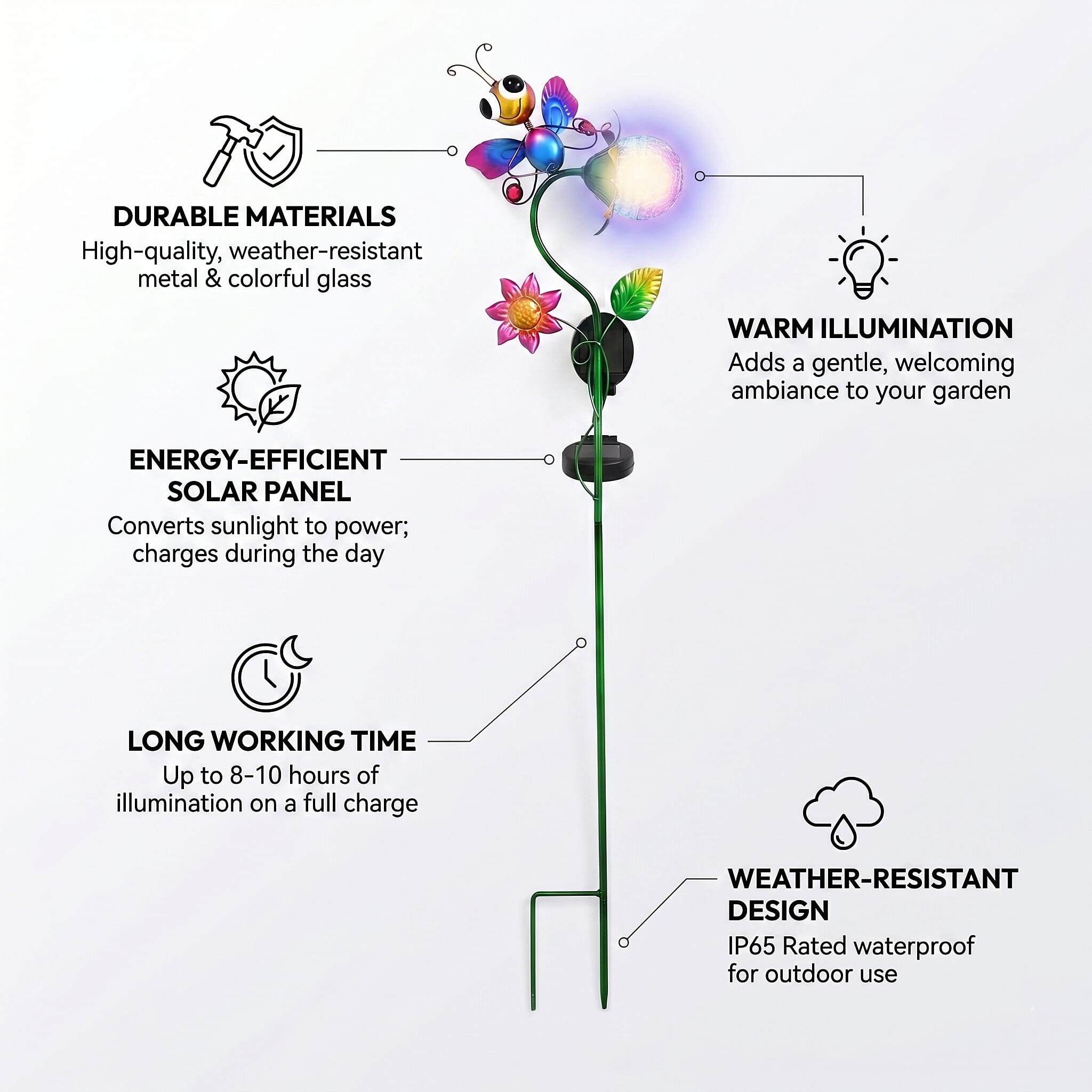 Decorative Solar-Powered Landscape Ground Stake Lamp - Artistic Whimsical Animal with Botanical Leaves & Flowers - Purple