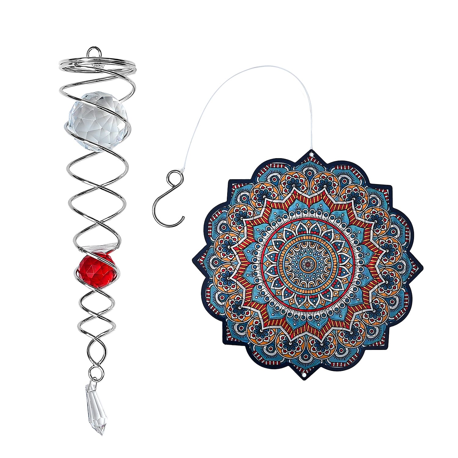Rotating Mandala Wind Chime (15cm) - Kinetic Metal Spinner with Spiral Tail (22.5cm) - Blue