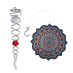 Rotating Mandala Wind Chime (15cm) - Kinetic Metal Spinner with Spiral Tail (22.5cm) - Pink