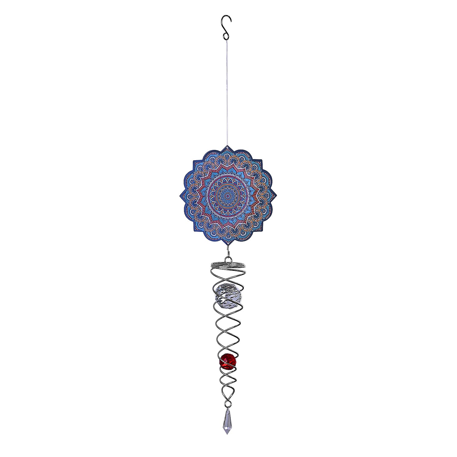 Rotating Mandala Wind Chime (15cm) - Kinetic Metal Spinner with Spiral Tail (22.5cm) - Blue