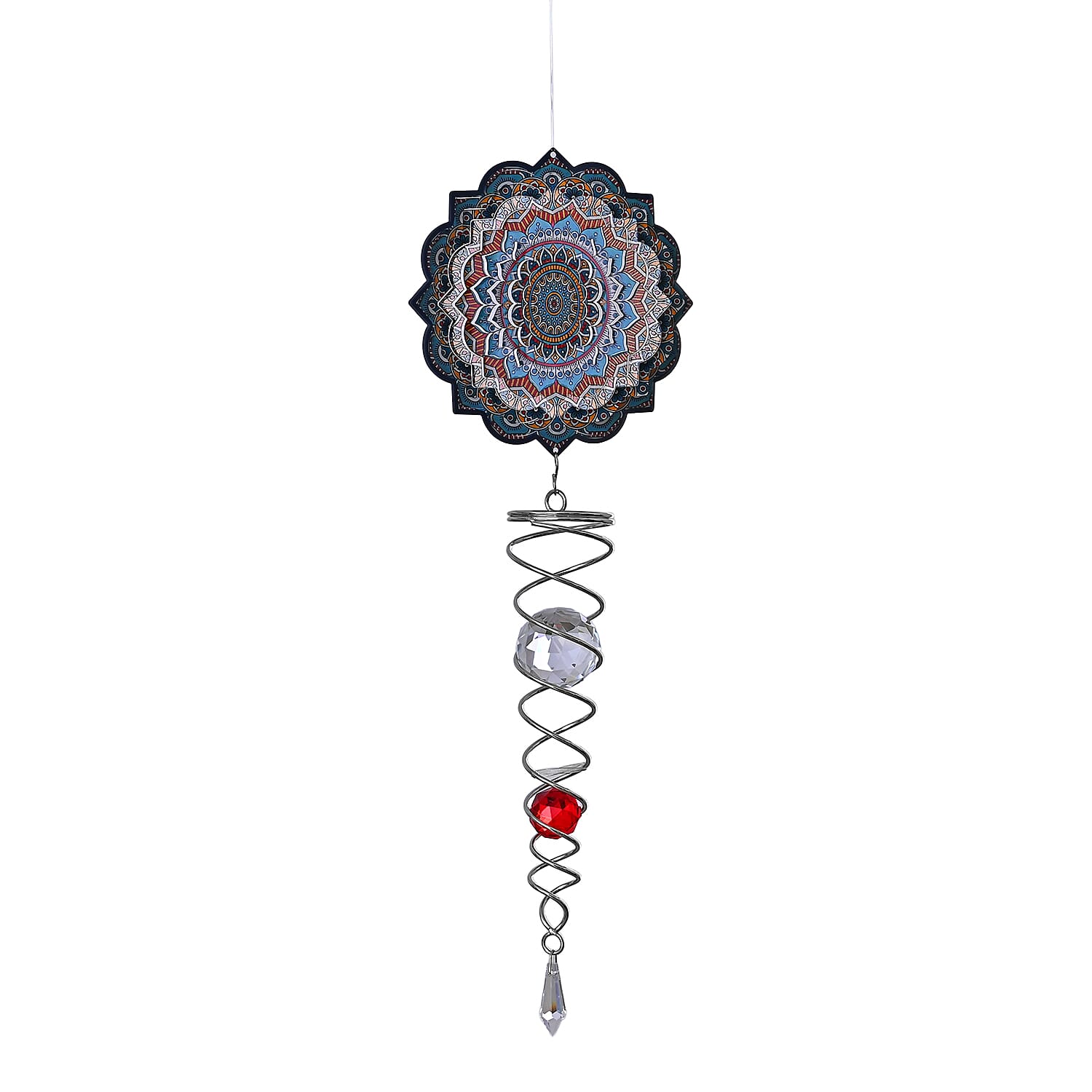 Rotating Mandala Wind Chime (15cm) - Kinetic Metal Spinner with Spiral Tail (22.5cm) - Blue