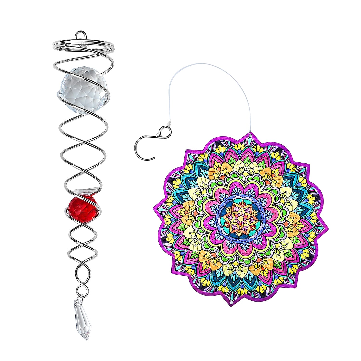 Rotating Mandala Wind Chime (15cm) - Kinetic Metal Spinner with Spiral Tail (22.5cm) - Pink