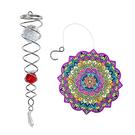 Rotating Mandala Wind Chime (15cm) - Kinetic Metal Spinner with Spiral Tail (22.5cm) - Pink