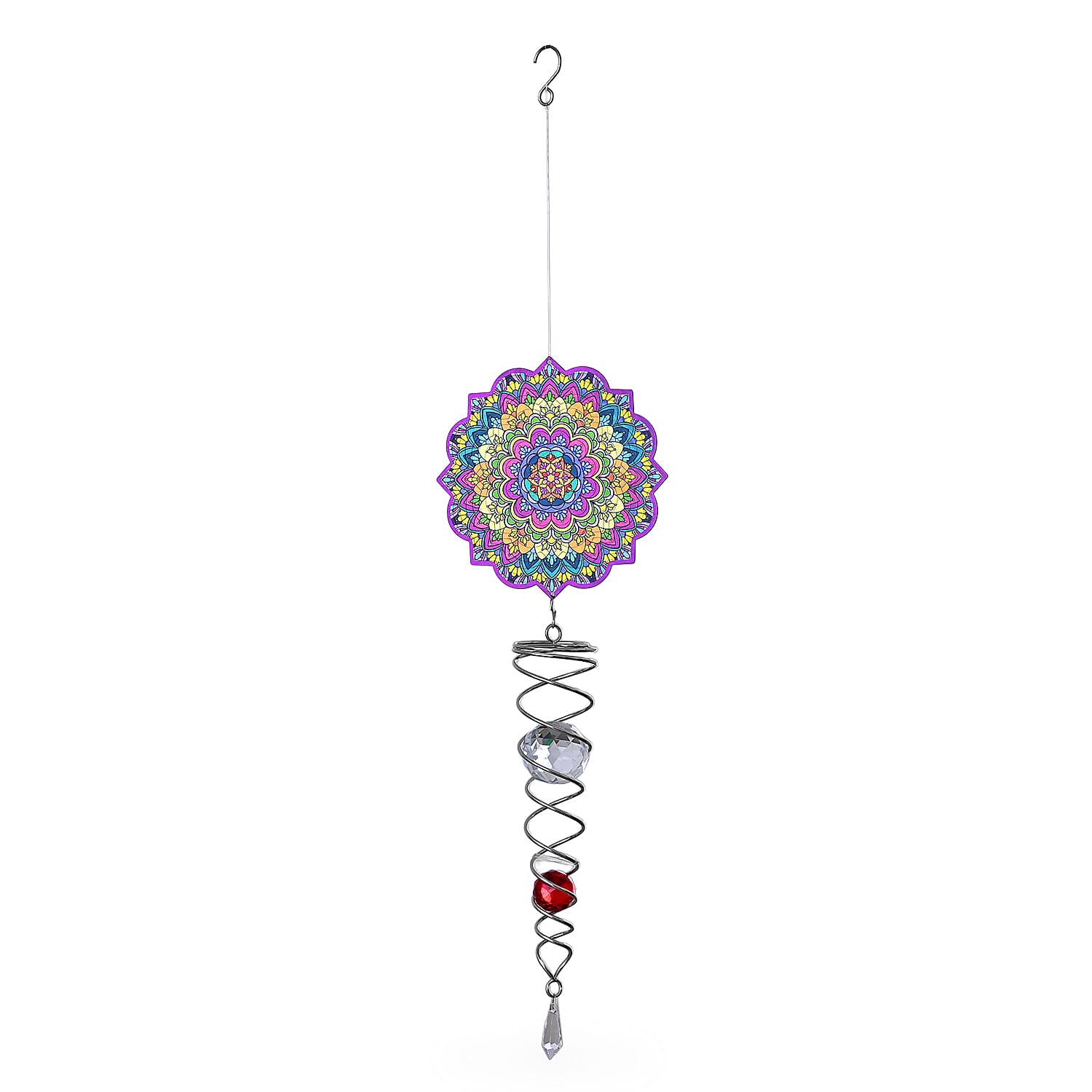Rotating Mandala Wind Chime (15cm) - Kinetic Metal Spinner with Spiral Tail (22.5cm) - Pink