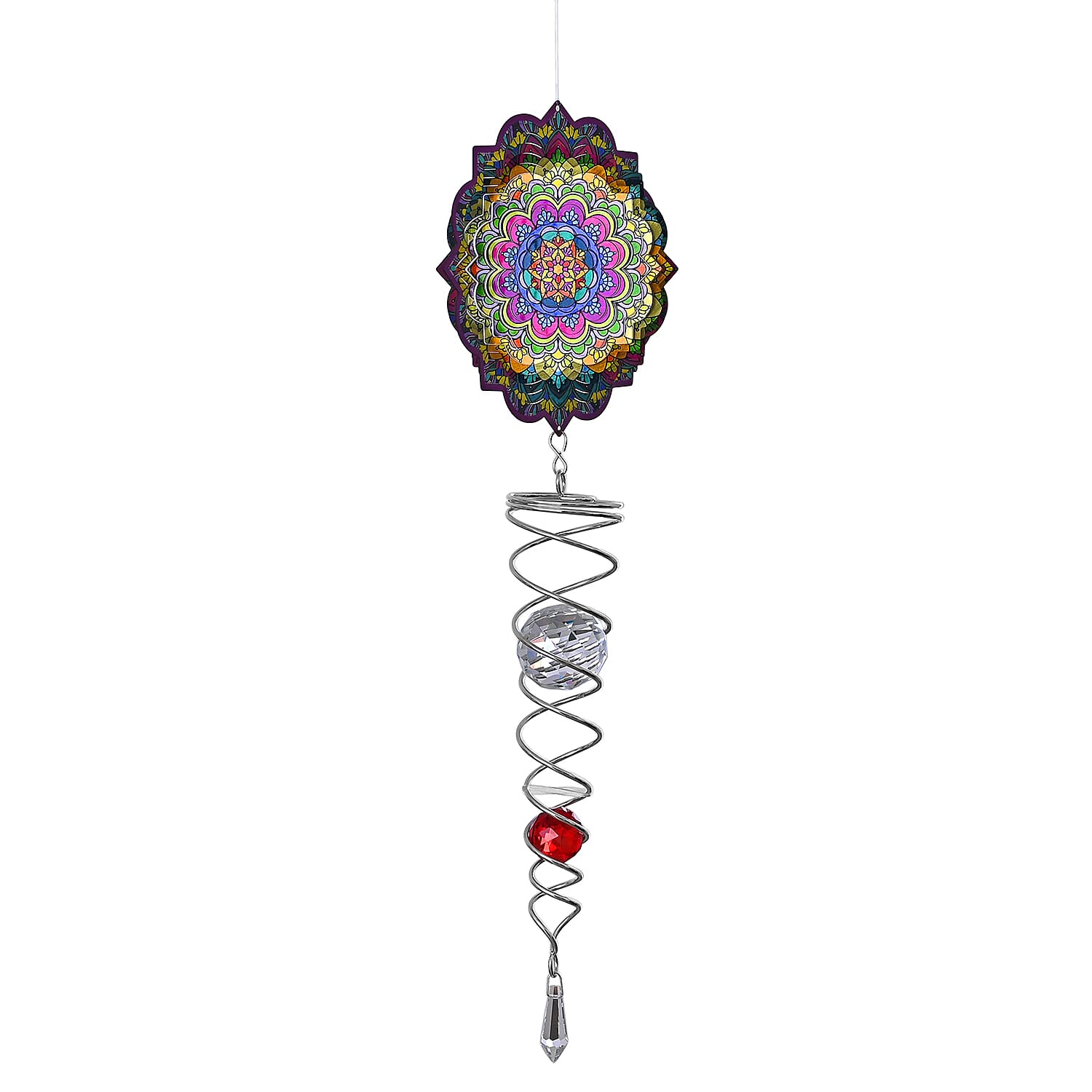 Rotating Mandala Wind Chime (15cm) - Kinetic Metal Spinner with Spiral Tail (22.5cm) - Pink