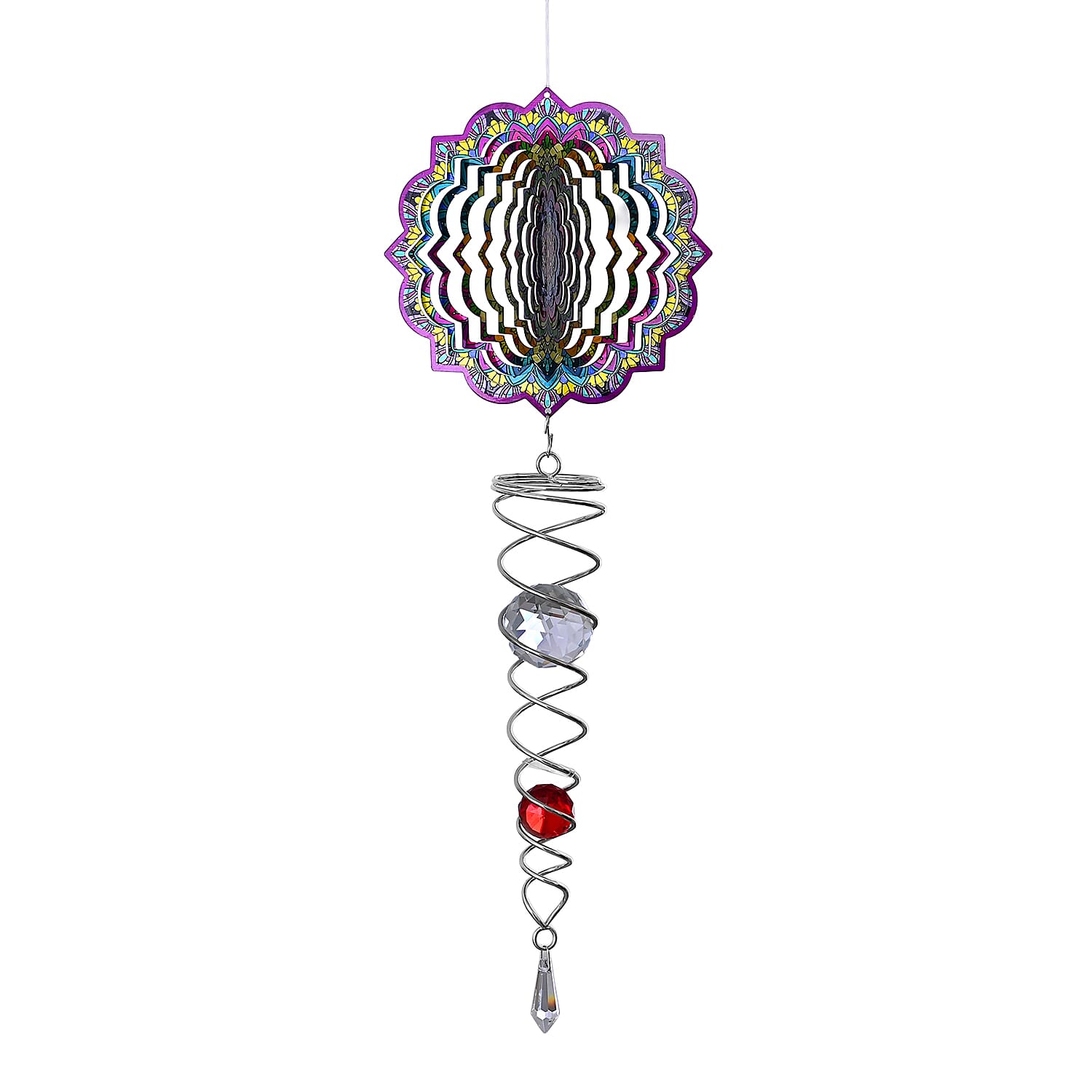 Rotating Mandala Wind Chime (15cm) - Kinetic Metal Spinner with Spiral Tail (22.5cm) - Pink