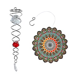 Rotating Mandala Wind Chime (15cm) - Kinetic Metal Spinner with Spiral Tail (22.5cm) - Pink