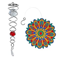 Rotating Mandala Wind Chime (15cm) - Kinetic Metal Spinner with Spiral Tail (22.5cm) - Pink