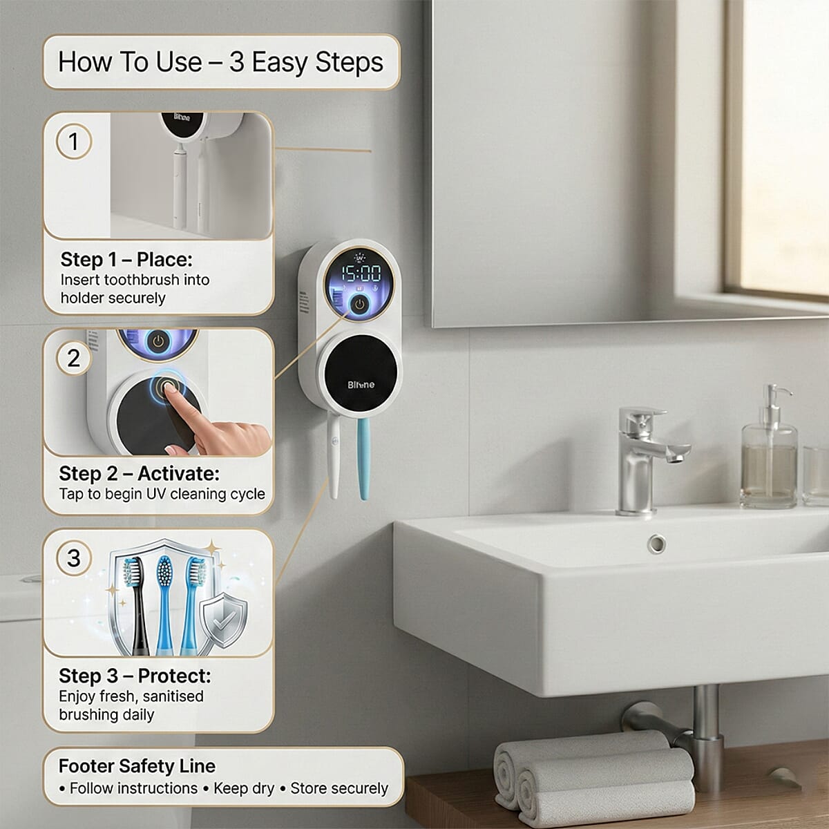 Bitvae Toothbrush Cleaner, UV-C Cleaning and Air Drying, LED Smart Screen with 30-Day Battery Life