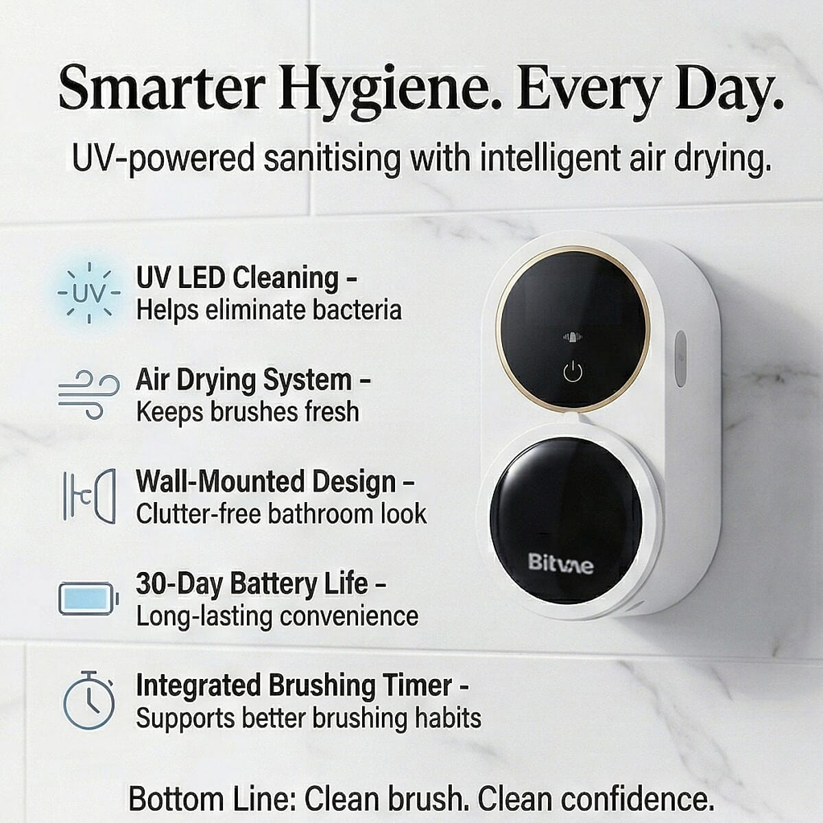 Bitvae Toothbrush Cleaner, UV-C Cleaning and Air Drying, LED Smart Screen with 30-Day Battery Life
