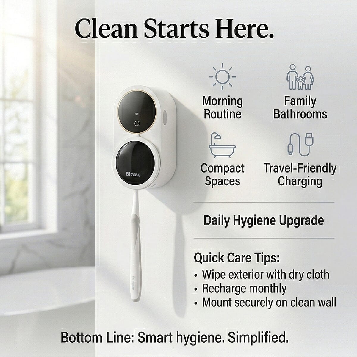 Bitvae Toothbrush Cleaner, UV-C Cleaning and Air Drying, LED Smart Screen with 30-Day Battery Life