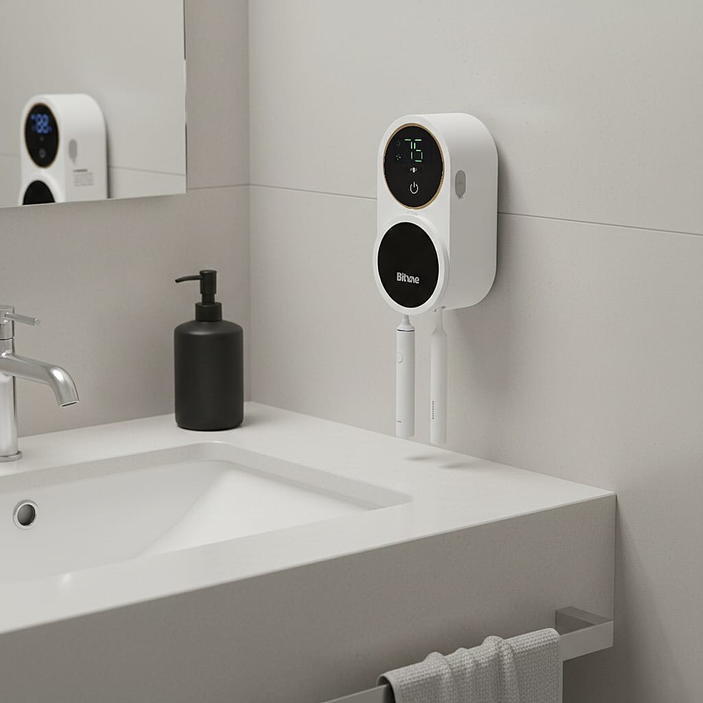 Smart LED Toothbrush Sanitiser & Wall-Mounted Holder - UV Cleaning & Air Drying with 30-Day Battery Life and Integrated Brushing Timer