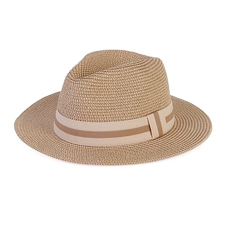 Coastal Accessories Wide-Brim Panama Hat with Striped Ribbon - Natural - Cream