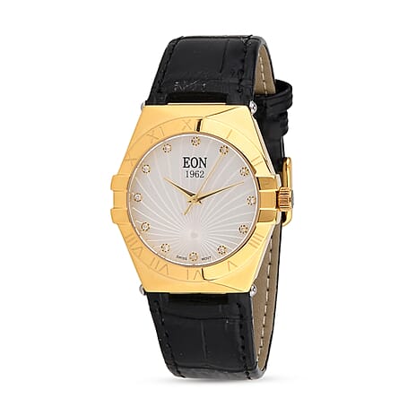EON 1962 Ronda 763 Swiss Quartz 5ATM WR White Hydraulic & Diamond Dial & Gold Case Ladies Watch with Black Leather Strap