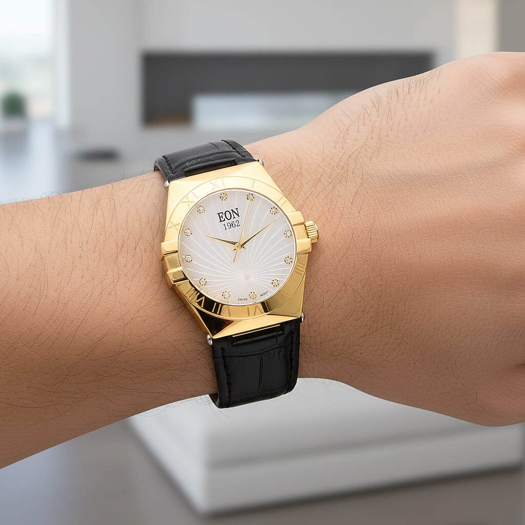 EON 1962 Ronda 763 Swiss Quartz 5ATM WR White Hydraulic & Diamond Dial & Gold Case Ladies Watch with Black Leather Strap