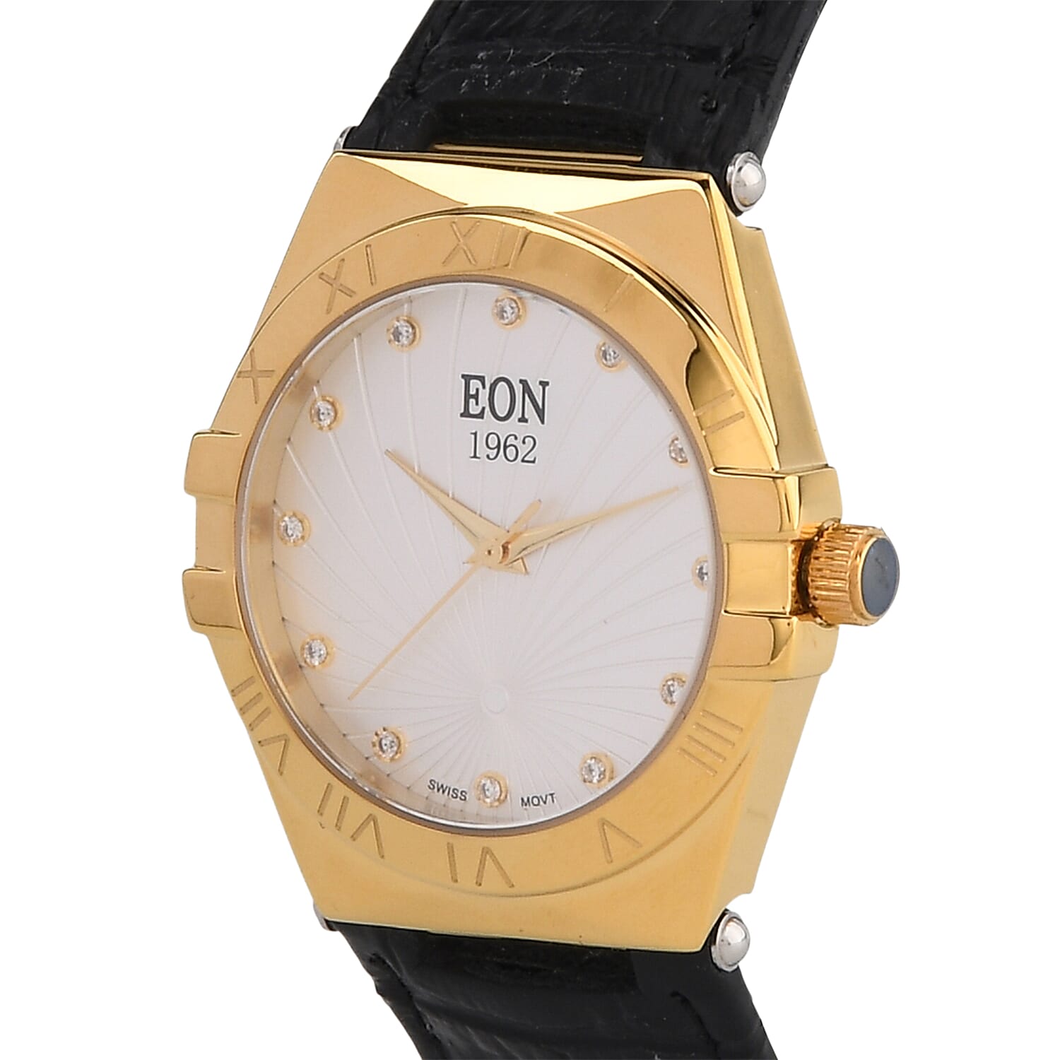 EON 1962 Ronda 763 Swiss Quartz 5ATM WR White Hydraulic & Diamond Dial & Gold Case Ladies Watch with Black Leather Strap