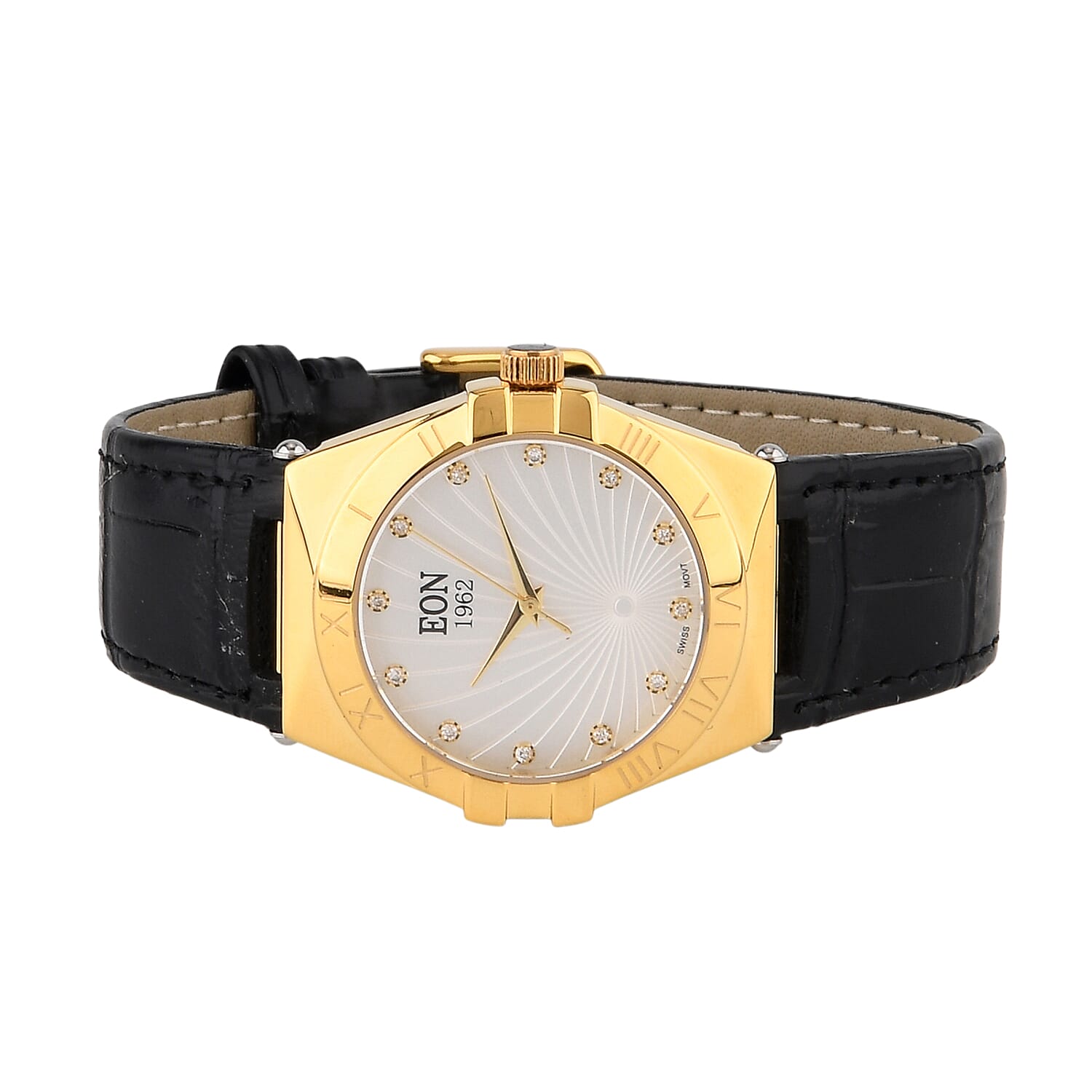 EON 1962 Ronda 763 Swiss Quartz 5ATM WR White Hydraulic & Diamond Dial & Gold Case Ladies Watch with Black Leather Strap