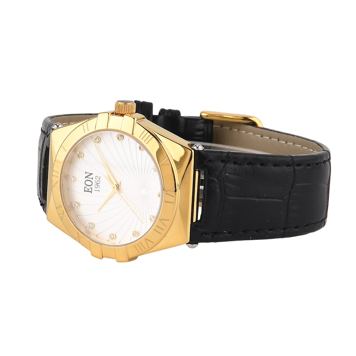 EON 1962 Ronda 763 Swiss Quartz 5ATM WR White Hydraulic & Diamond Dial & Gold Case Ladies Watch with Black Leather Strap