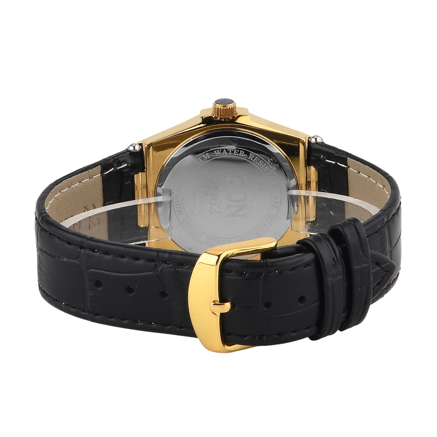 EON 1962 Ronda 763 Swiss Quartz 5ATM WR White Hydraulic & Diamond Dial & Gold Case Ladies Watch with Black Leather Strap