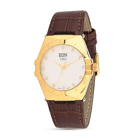 EON 1962 Ronda 763 Swiss Quartz 5ATM WR White Hydraulic & Diamond Dial & Gold Case Ladies Watch with Brown Leather Strap