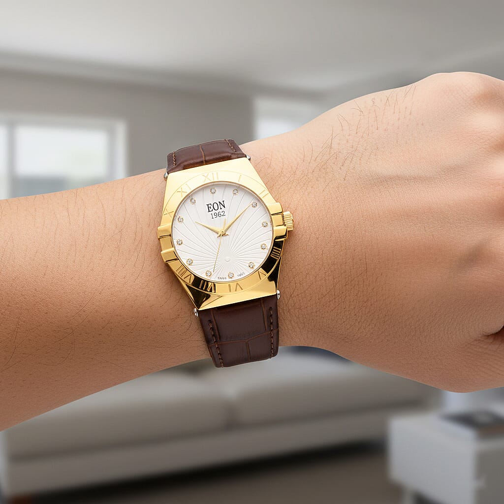EON 1962 Ronda 763 Swiss Quartz 5ATM WR White Hydraulic & Diamond Dial & Gold Case Ladies Watch with Brown Leather Strap