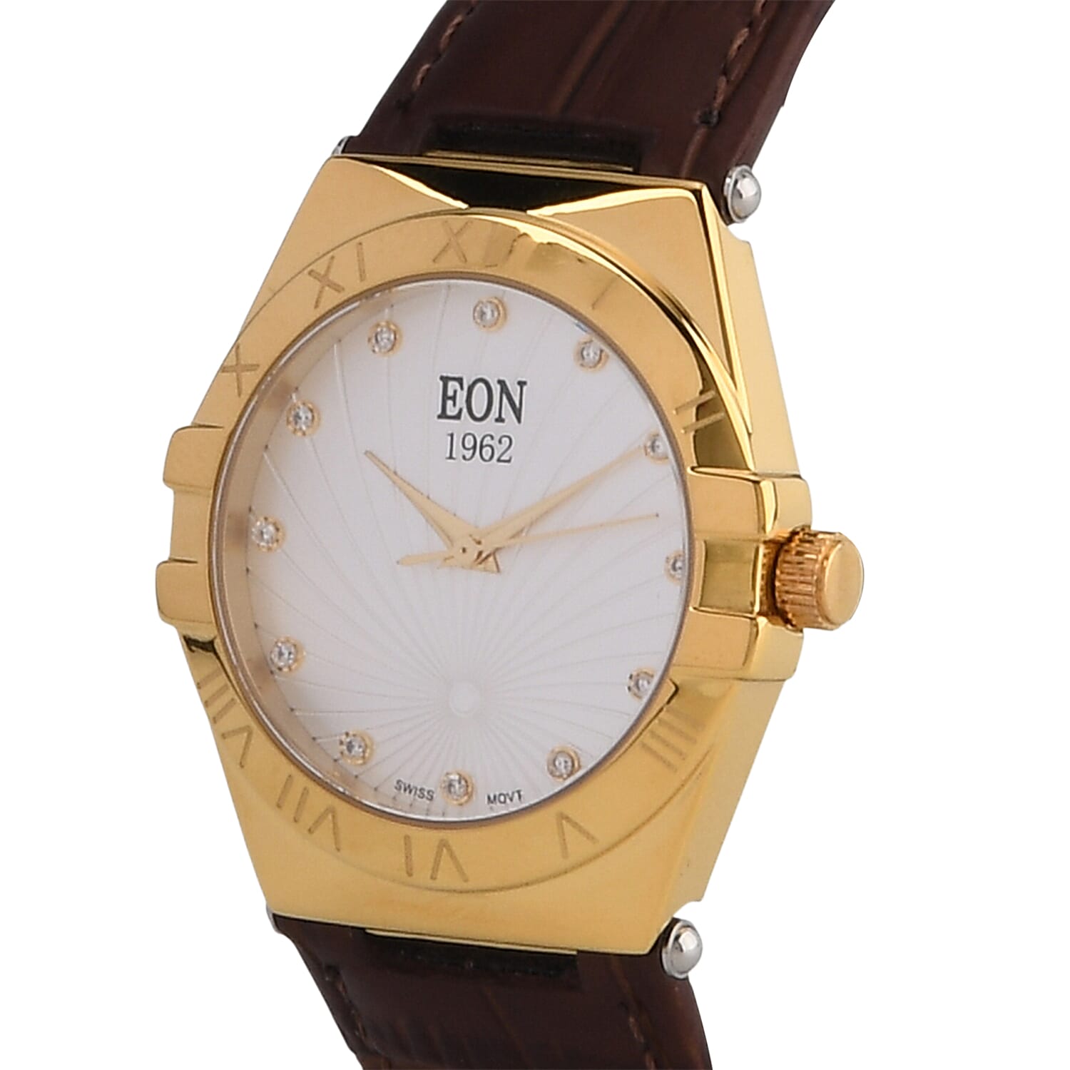 EON 1962 Ronda 763 Swiss Quartz 5ATM WR White Hydraulic & Diamond Dial & Gold Case Ladies Watch with Brown Leather Strap