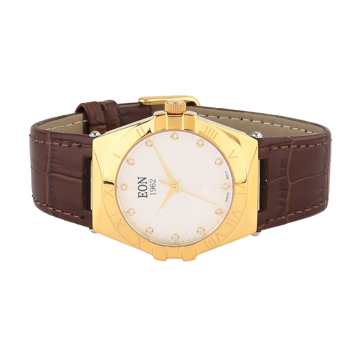 EON 1962 Ronda 763 Swiss Quartz 5ATM WR White Hydraulic & Diamond Dial & Gold Case Ladies Watch with Brown Leather Strap