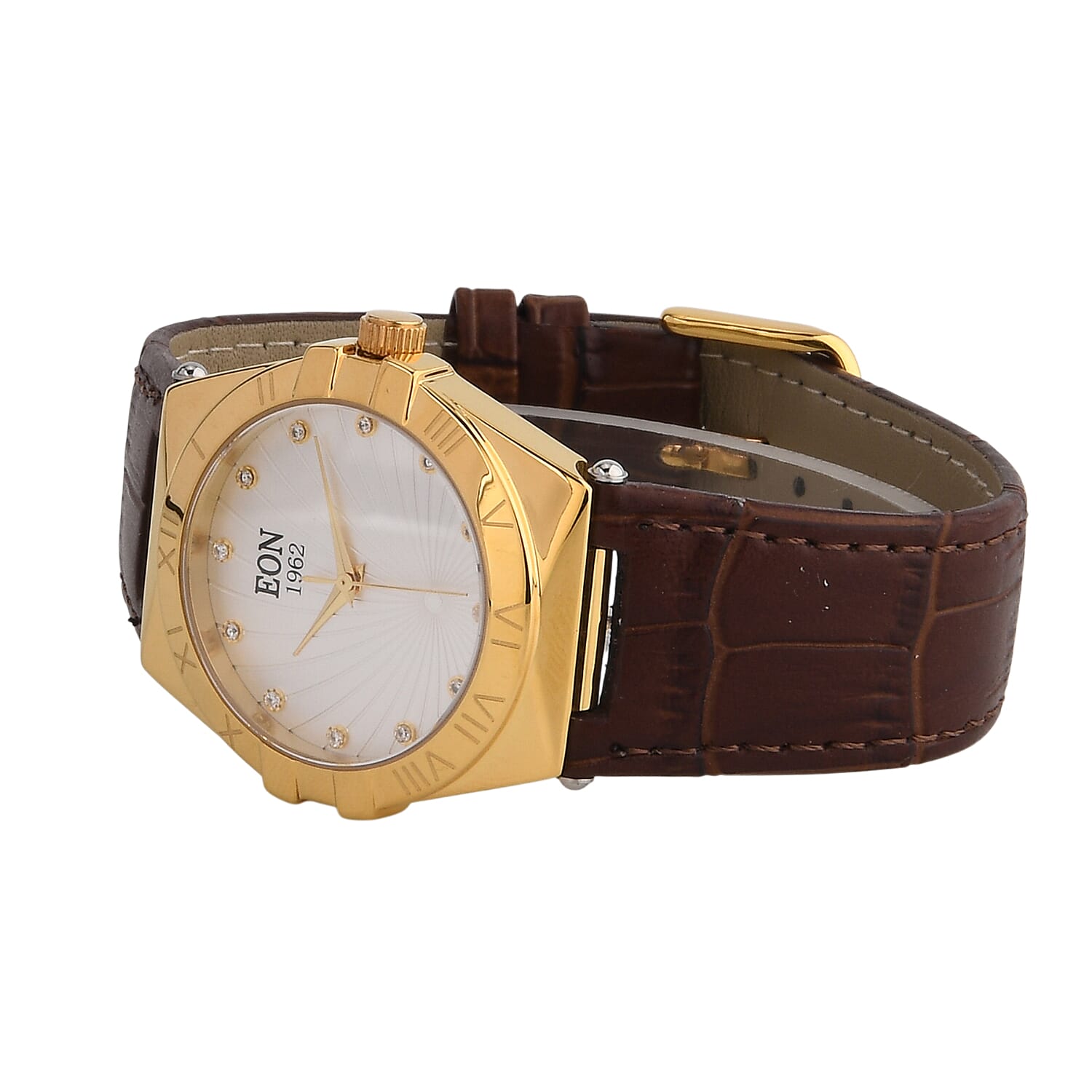 EON 1962 Ronda 763 Swiss Quartz 5ATM WR White Hydraulic & Diamond Dial & Gold Case Ladies Watch with Brown Leather Strap