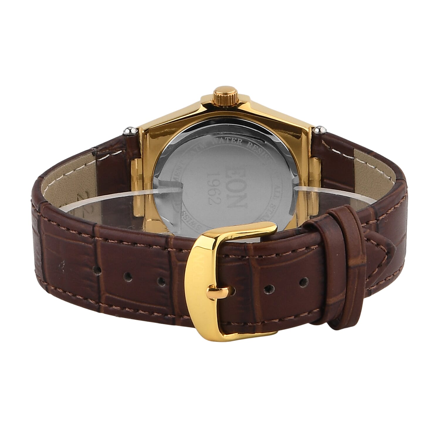 EON 1962 Ronda 763 Swiss Quartz 5ATM WR White Hydraulic & Diamond Dial & Gold Case Ladies Watch with Brown Leather Strap