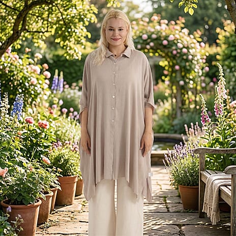 La Marey Kaftan-Style Longline Shirt (One Size) - Beige