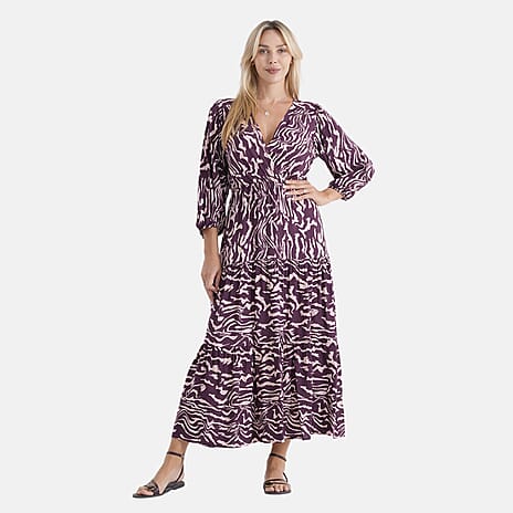 La Marey Viscose Elastic Waist Tiered A-Line Maxi Dress (Size S-M, 8-14) - Peach and Purple