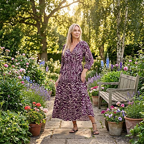 La Marey Viscose Elastic Waist Tiered A-Line Maxi Dress (Size S-M, 8-14) - Peach and Purple