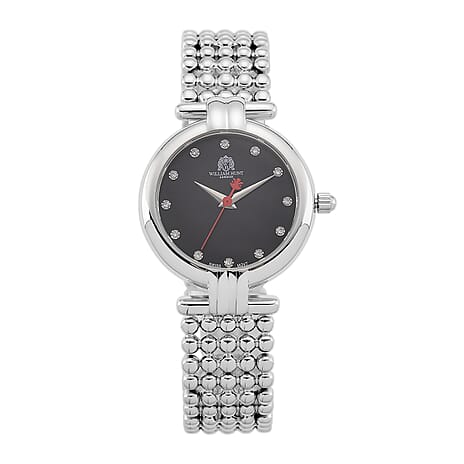 WILLIAM HUNT Ronda 763 Swiss Quartz 5ATM WR Black & Diamond Dial & Silver Case Ladies Watch with Silver Stainless Steel Strap