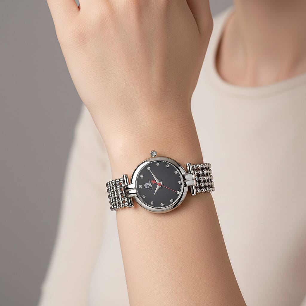 WILLIAM HUNT Ronda 763 Swiss Quartz 5ATM WR Black & Diamond Dial & Silver Case Ladies Watch with Silver Stainless Steel Strap