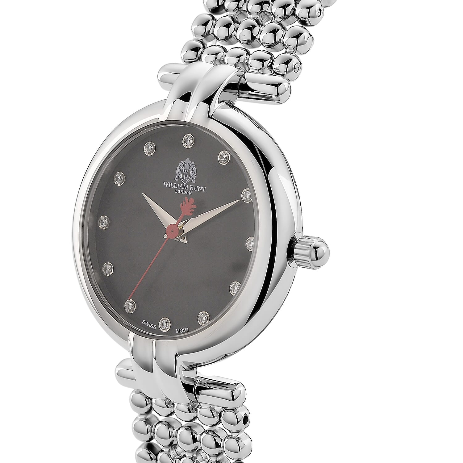 WILLIAM HUNT Ronda 763 Swiss Quartz 5ATM WR Black & Diamond Dial & Silver Case Ladies Watch with Silver Stainless Steel Strap