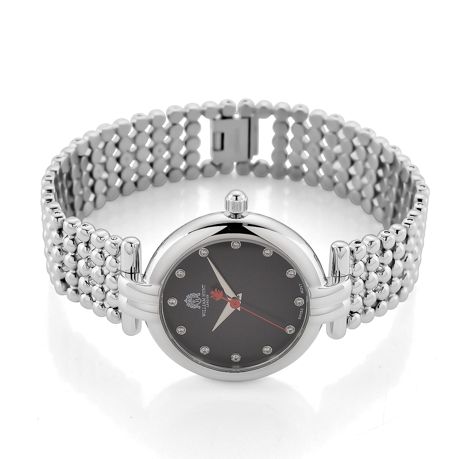 WILLIAM HUNT Ronda 763 Swiss Quartz 5ATM WR Black & Diamond Dial & Silver Case Ladies Watch with Silver Stainless Steel Strap